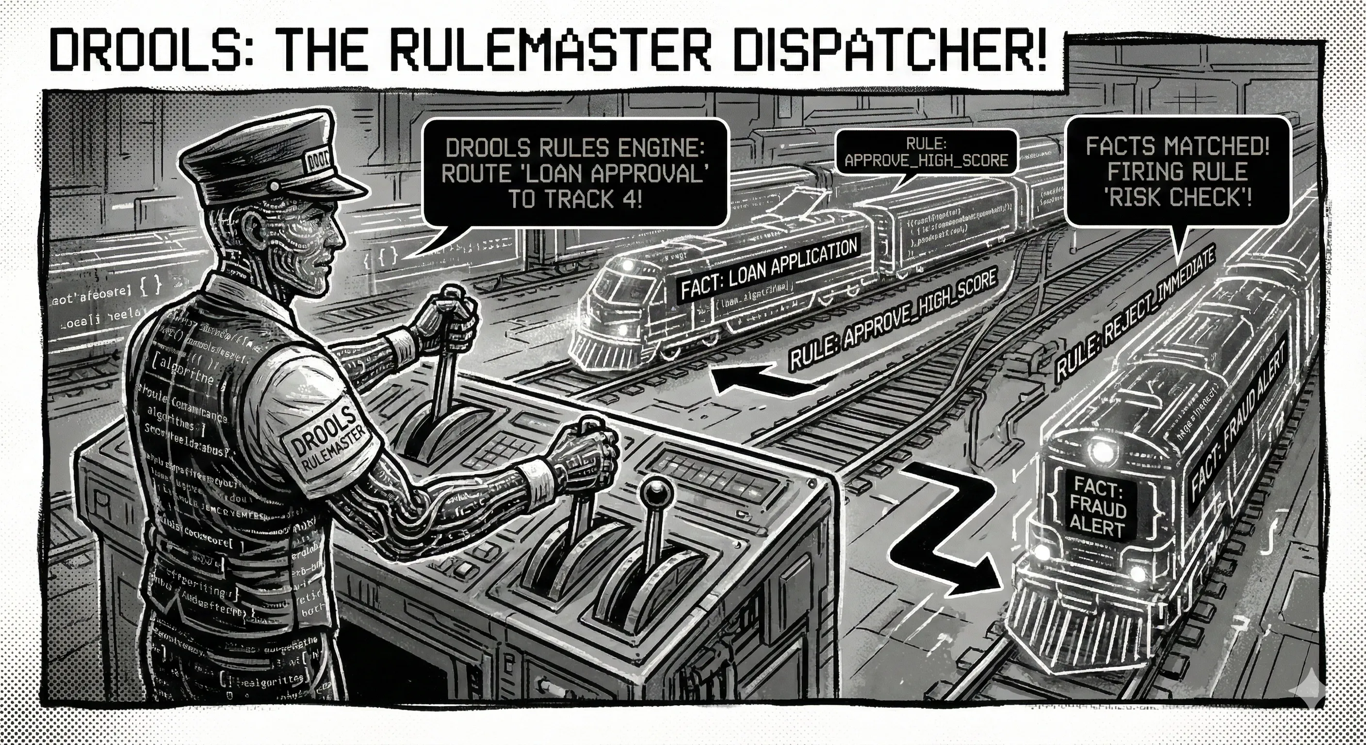 Virtual illustration showing a station master at a train station